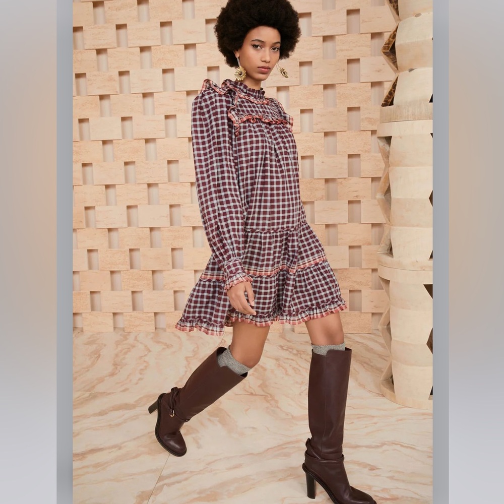Ulla Johnson Elm Dress In Dusk Checkered Poplin Ruffle Long Sleeve Plaid